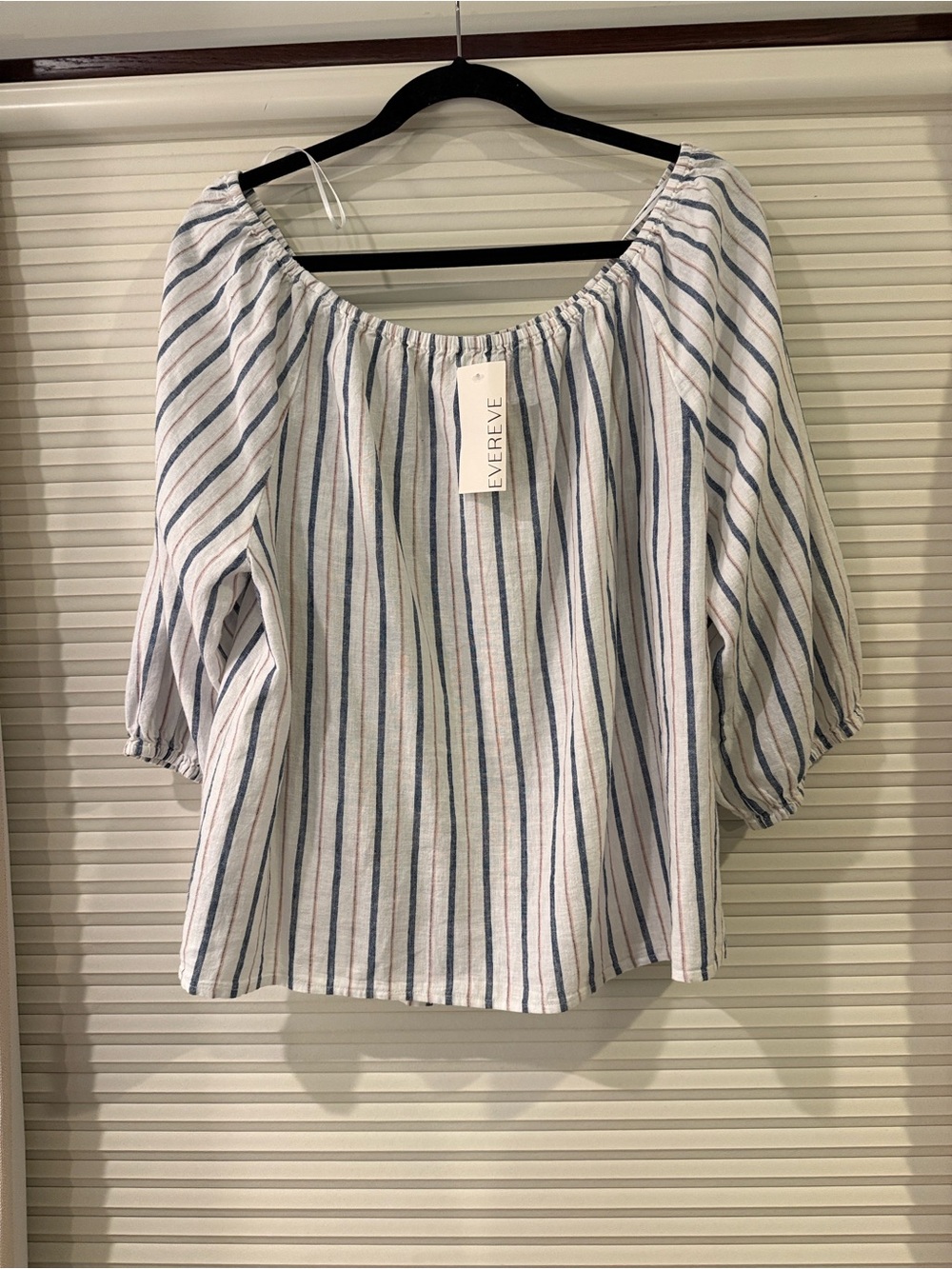 Sanctuary White Off-Shoulder Blouse with Blue and Pink Stripes